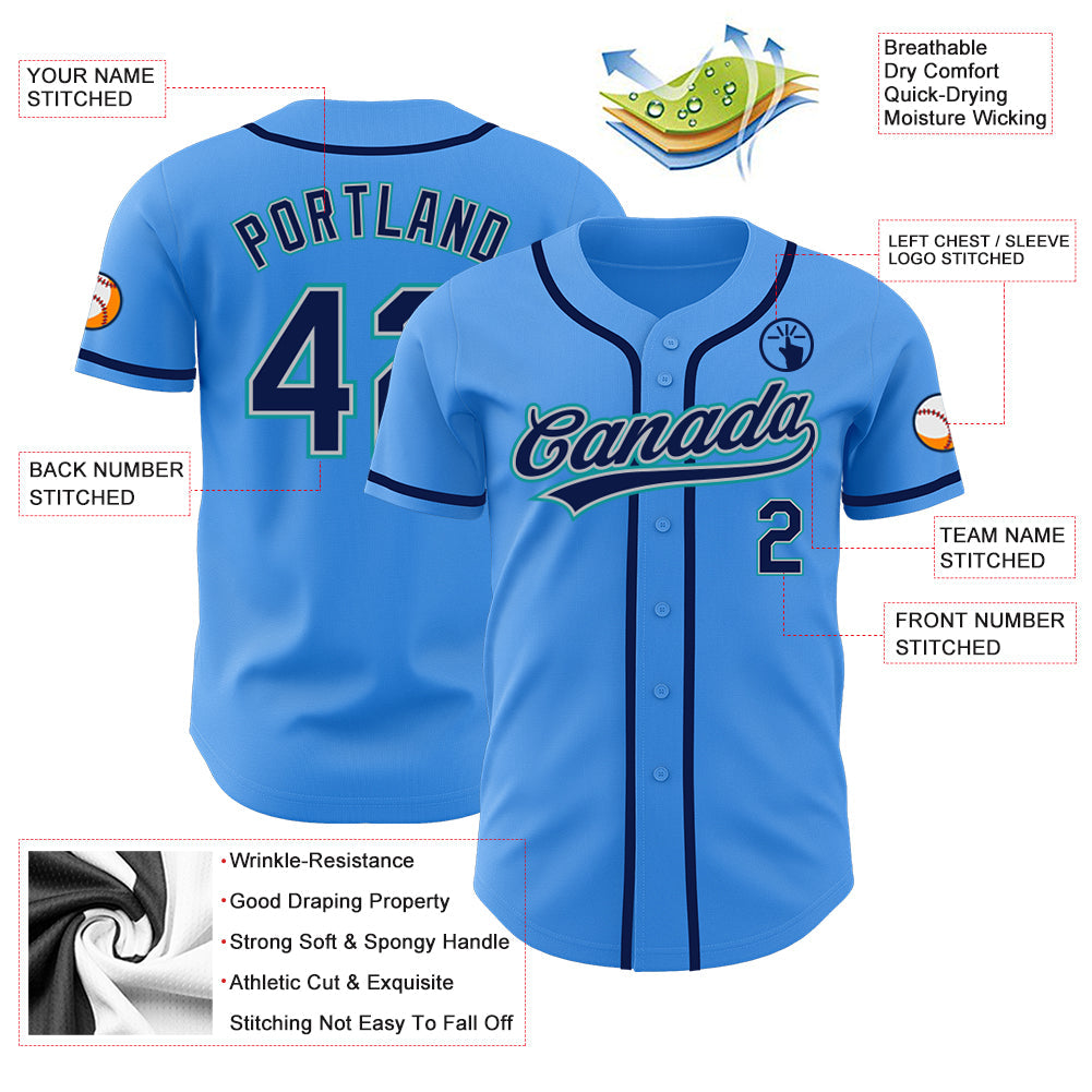 Custom Electric Blue Navy Gray-Teal Authentic Baseball Jersey - Sky-Custom