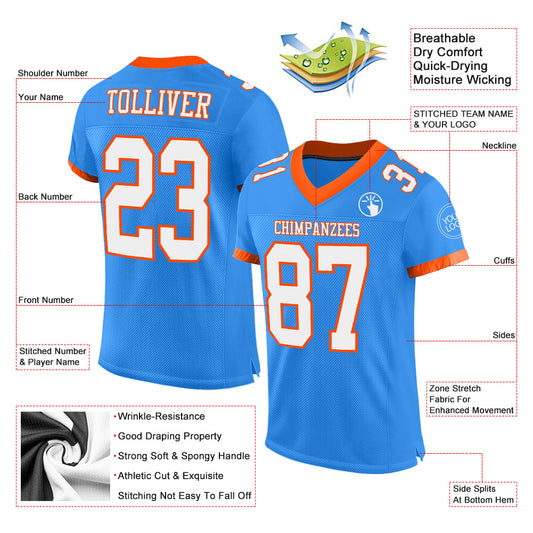 Custom Powder Blue White-Orange Mesh Authentic Football Jersey - Sky-Custom