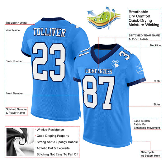 Custom Powder Blue White-Navy Mesh Authentic Football Jersey - Sky-Custom