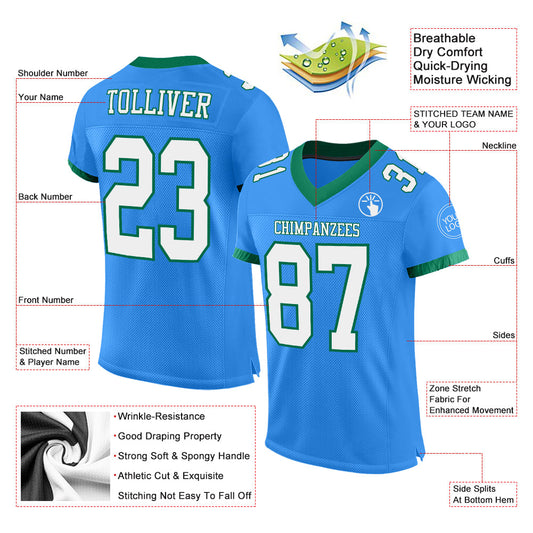 Custom Powder Blue White-Kelly Green Mesh Authentic Football Jersey - Sky-Custom