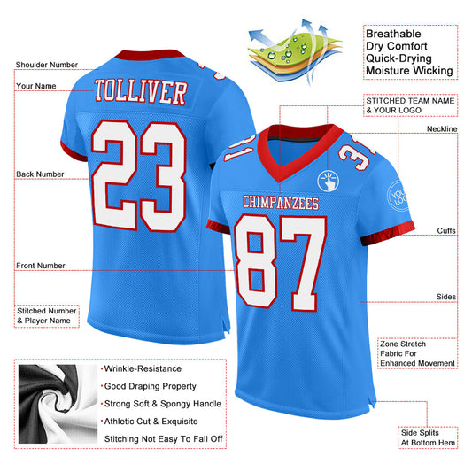 Custom Powder Blue White-Red Mesh Authentic Football Jersey - Sky-Custom