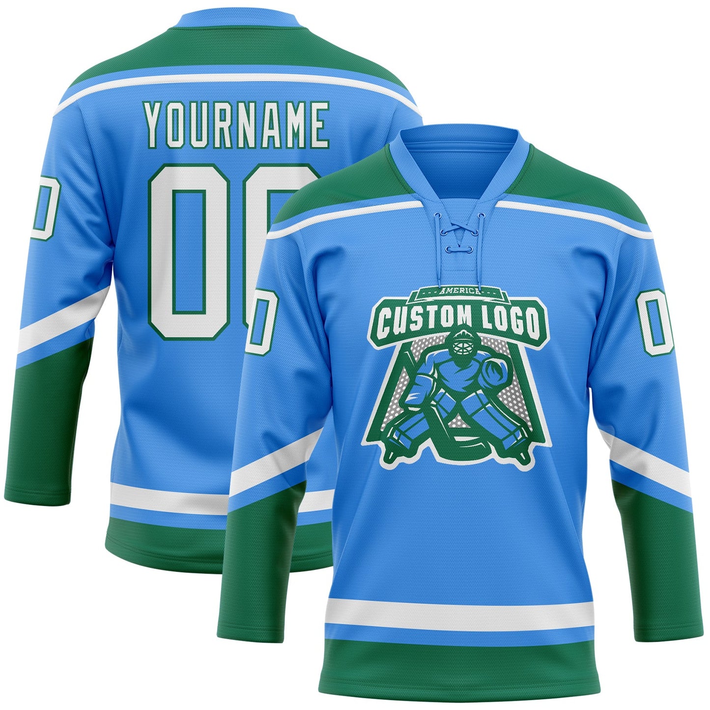 Custom Powder Blue White-Kelly Green Hockey Lace Neck Jersey - Sky-Custom