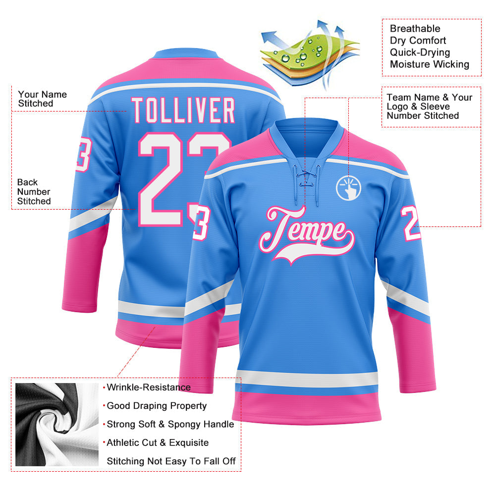Custom Powder Blue White-Pink Hockey Lace Neck Jersey - Sky-Custom
