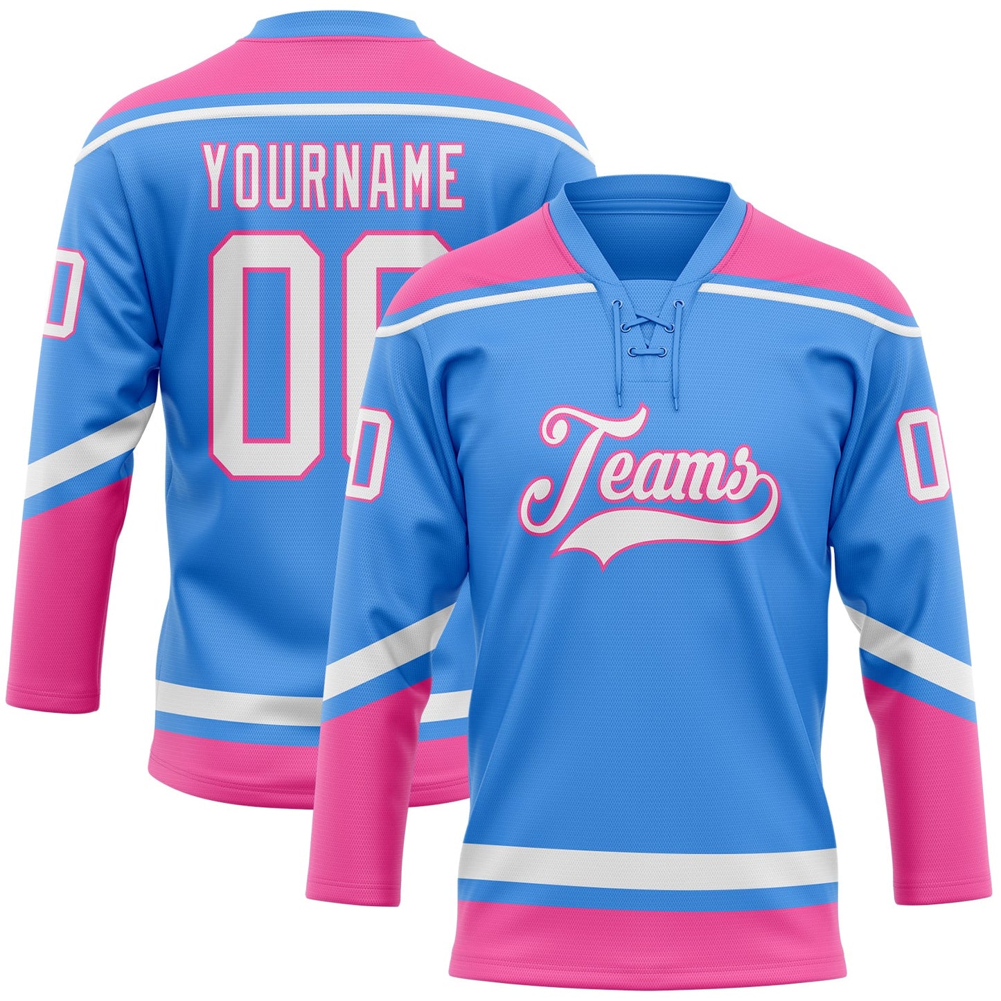 Custom Powder Blue White-Pink Hockey Lace Neck Jersey - Sky-Custom