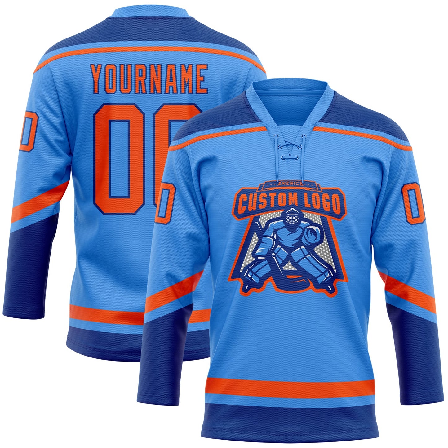 Custom Powder Blue Orange-Royal Hockey Lace Neck Jersey - Sky-Custom