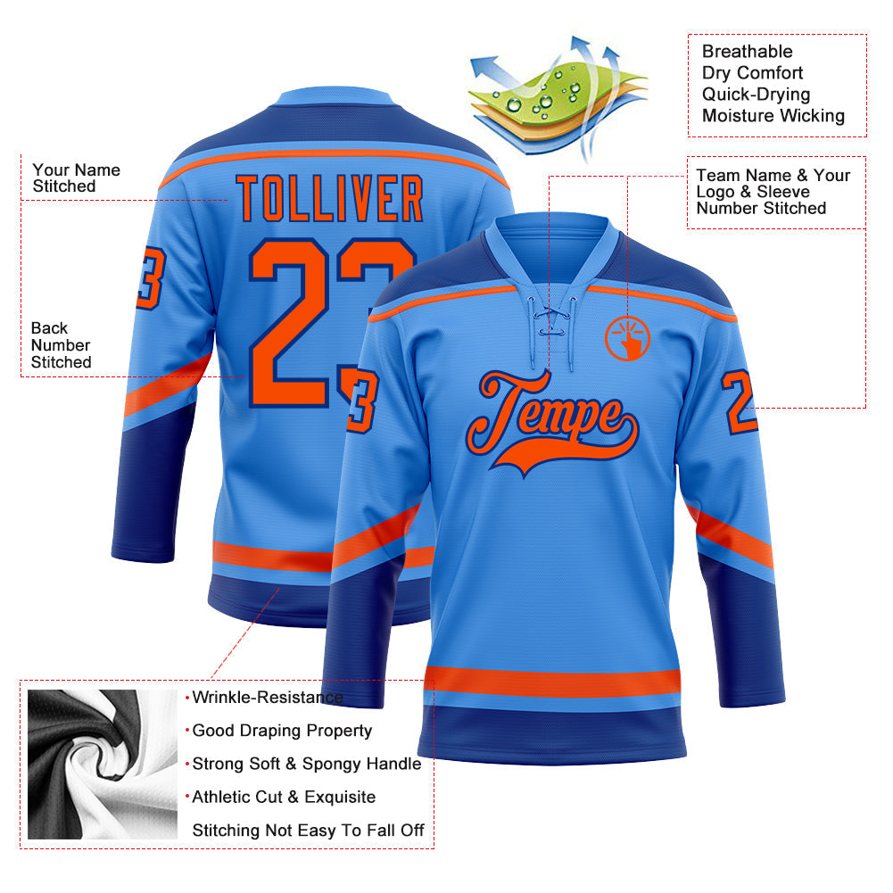 Custom Powder Blue Orange-Royal Hockey Lace Neck Jersey - Sky-Custom