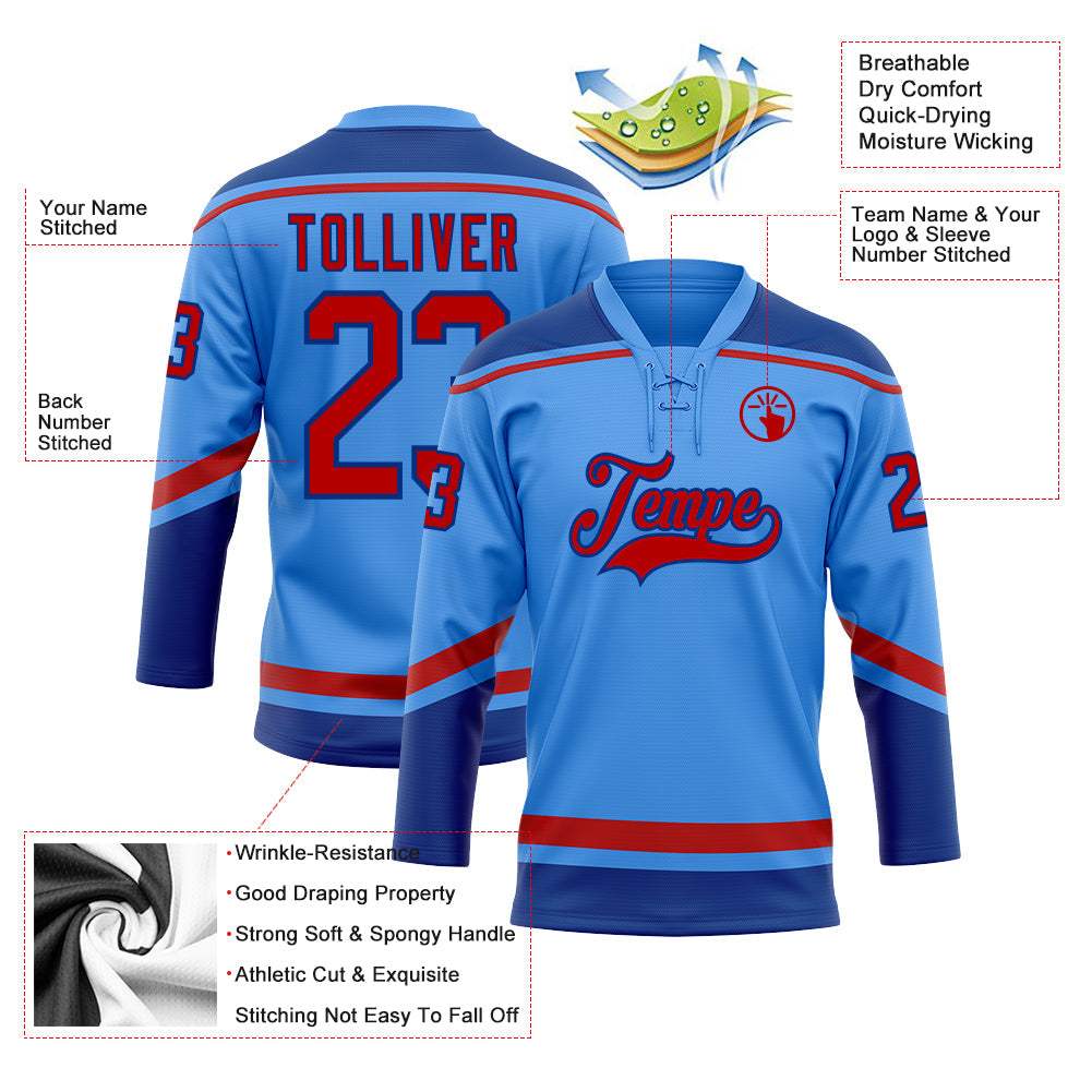 Custom Powder Blue Red-Royal Hockey Lace Neck Jersey - Sky-Custom