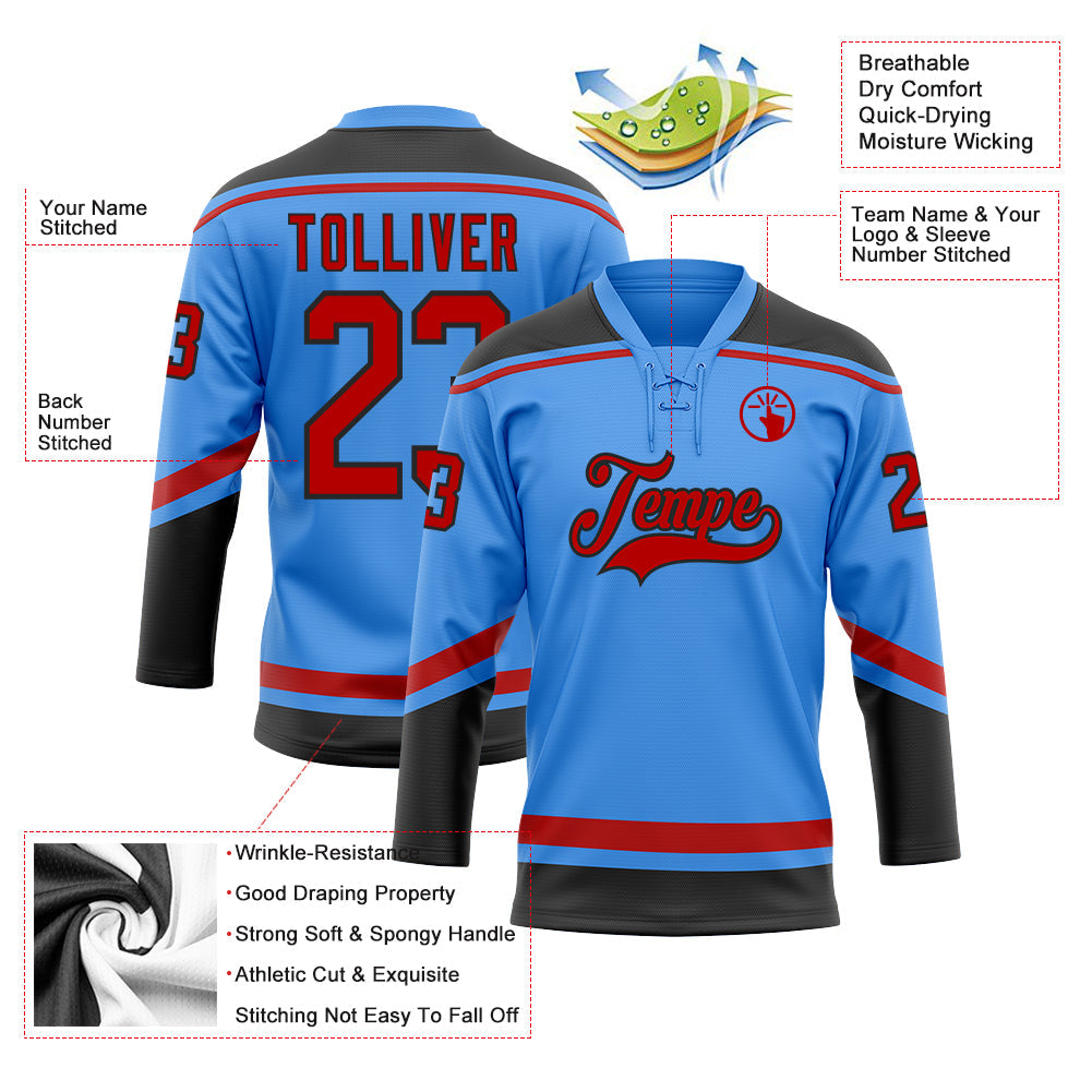 Custom Powder Blue Red-Black Hockey Lace Neck Jersey - Sky-Custom