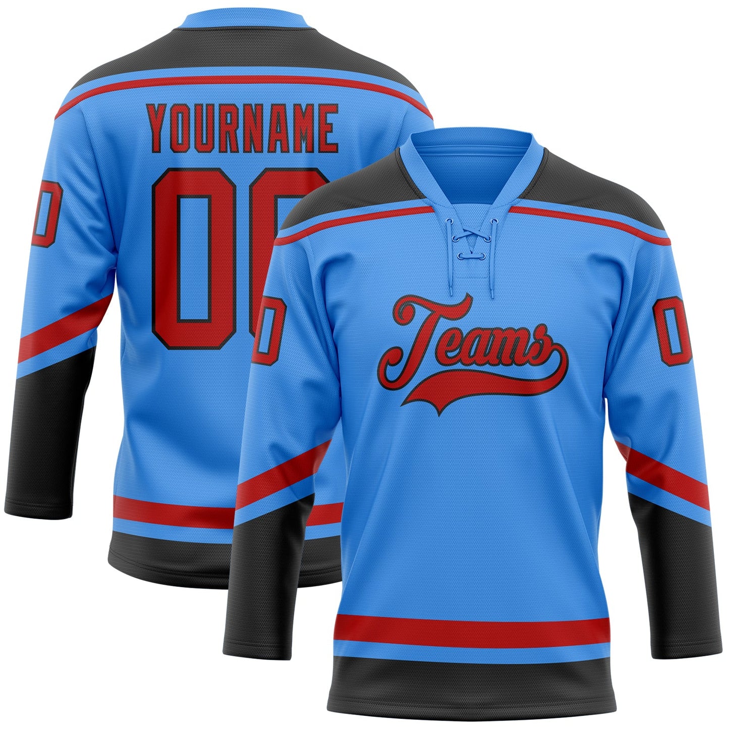 Custom Powder Blue Red-Black Hockey Lace Neck Jersey - Sky-Custom