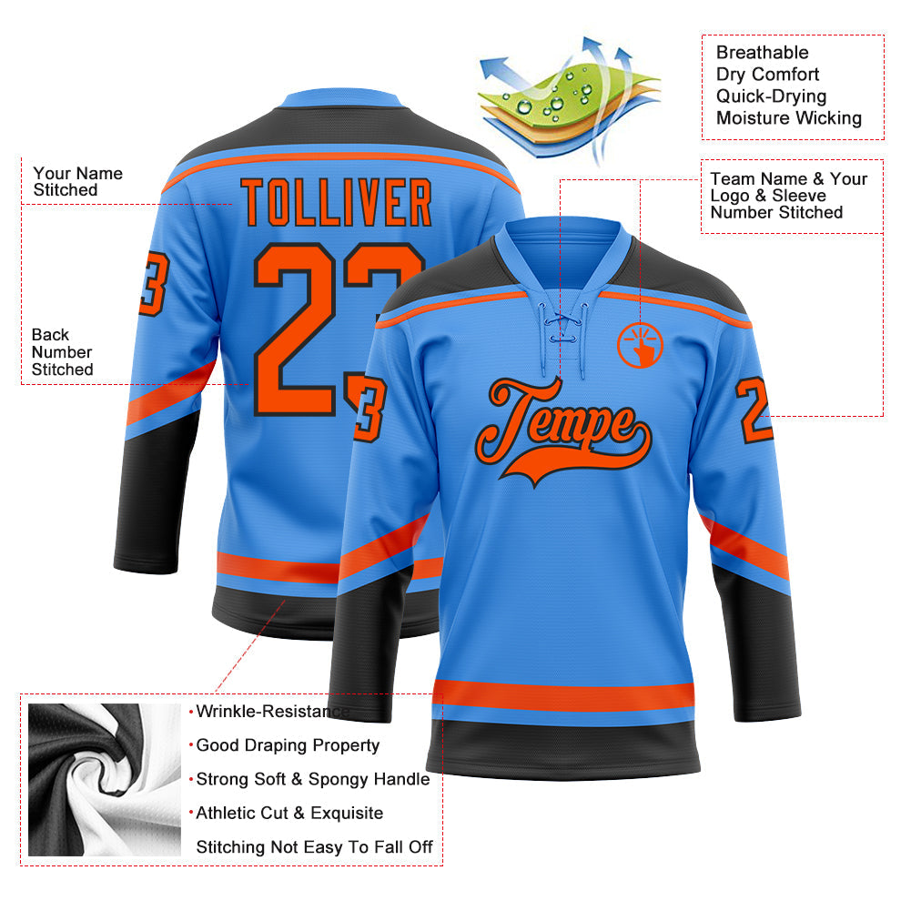 Custom Powder Blue Orange-Black Hockey Lace Neck Jersey - Sky-Custom