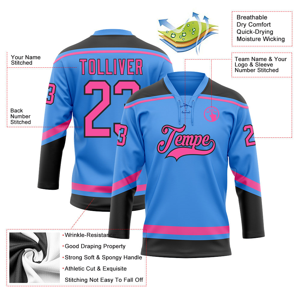 Custom Powder Blue Pink-Black Hockey Lace Neck Jersey - Sky-Custom