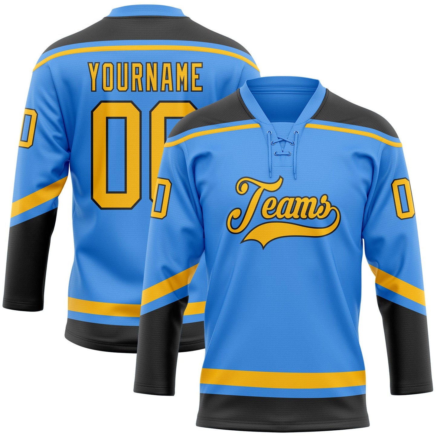 Custom Powder Blue Gold-Black Hockey Lace Neck Jersey - Sky-Custom