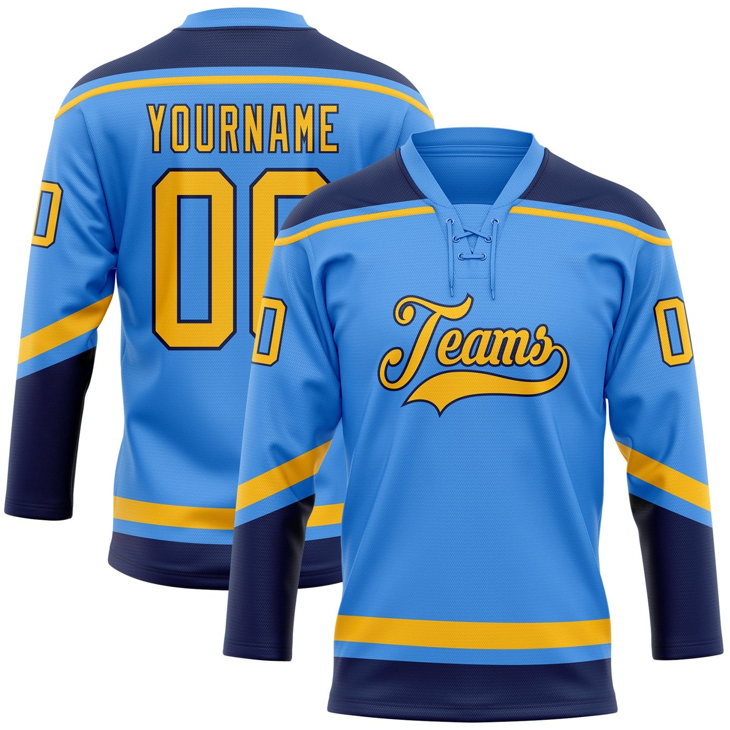 Custom Powder Blue Gold-Navy Hockey Lace Neck Jersey - Sky-Custom
