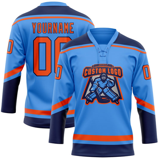 Custom Powder Blue Orange-Navy Hockey Lace Neck Jersey - Sky-Custom