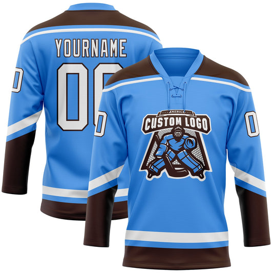 Custom Powder Blue White-Brown Hockey Lace Neck Jersey - Sky-Custom