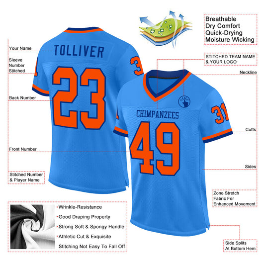 Custom Powder Blue Orange-Royal Mesh Authentic Throwback Football Jersey - Sky-Custom