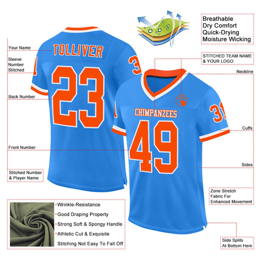 Custom Powder Blue Orange-White Mesh Authentic Throwback Football Jersey - Sky-Custom