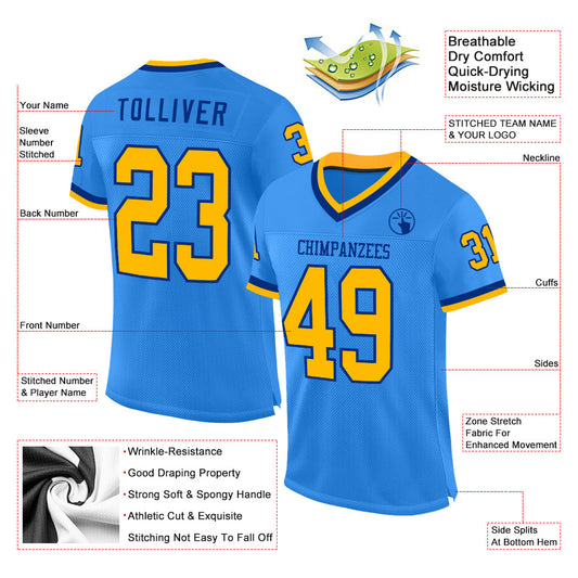 Custom Powder Blue Gold-Royal Mesh Authentic Throwback Football Jersey - Sky-Custom