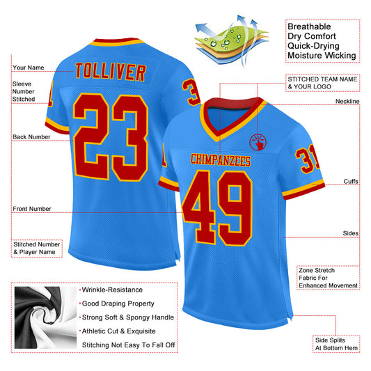 Custom Powder Blue Red-Gold Mesh Authentic Throwback Football Jersey - Sky-Custom