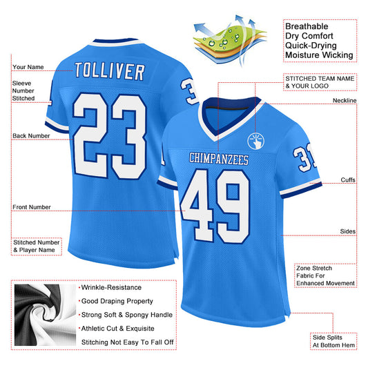 Custom Powder Blue White-Royal Mesh Authentic Throwback Football Jersey - Sky-Custom