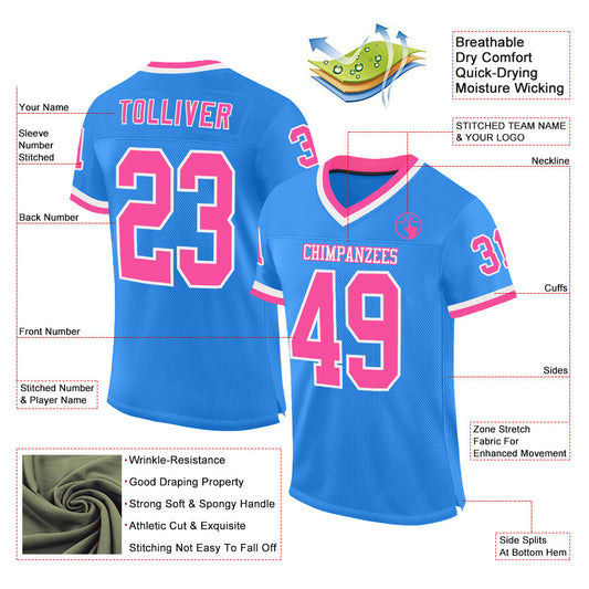 Custom Powder Blue Pink-White Mesh Authentic Throwback Football Jersey - Sky-Custom