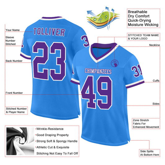 Custom Powder Blue Purple-White Mesh Authentic Throwback Football Jersey - Sky-Custom