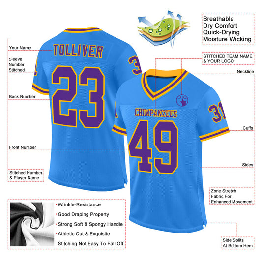 Custom Powder Blue Purple-Gold Mesh Authentic Throwback Football Jersey - Sky-Custom