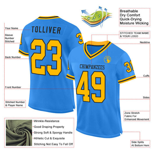 Custom Powder Blue Gold-Black Mesh Authentic Throwback Football Jersey - Sky-Custom