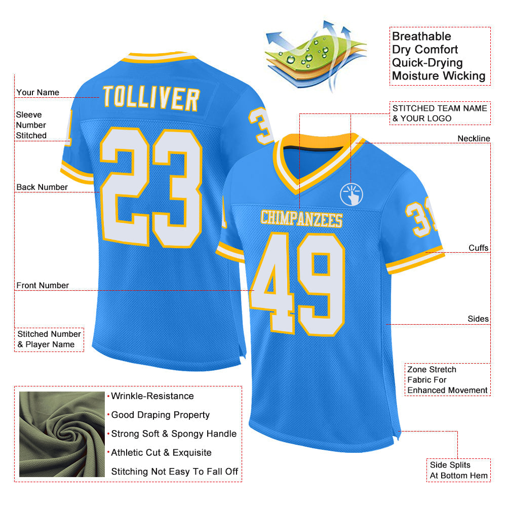 Custom Powder Blue White-Gold Mesh Authentic Throwback Football Jersey - Sky-Custom