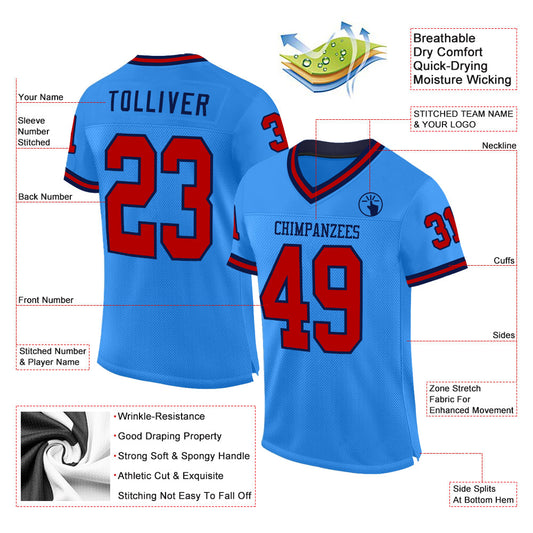 Custom Powder Blue Red-Navy Mesh Authentic Throwback Football Jersey - Sky-Custom