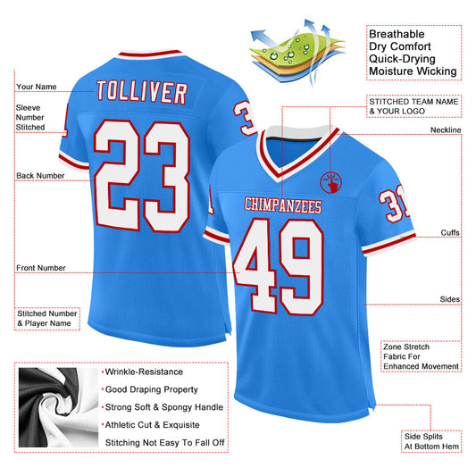 Custom Powder Blue White-Red Mesh Authentic Throwback Football Jersey - Sky-Custom