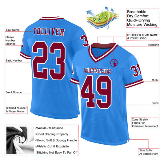 Custom Powder Blue Maroon-White Mesh Authentic Throwback Football Jersey - Sky-Custom