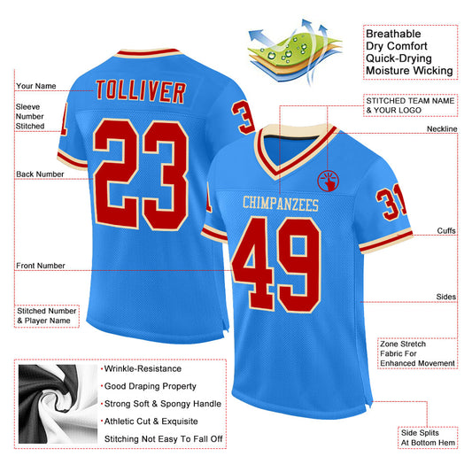 Custom Powder Blue Red-Cream Mesh Authentic Throwback Football Jersey - Sky-Custom