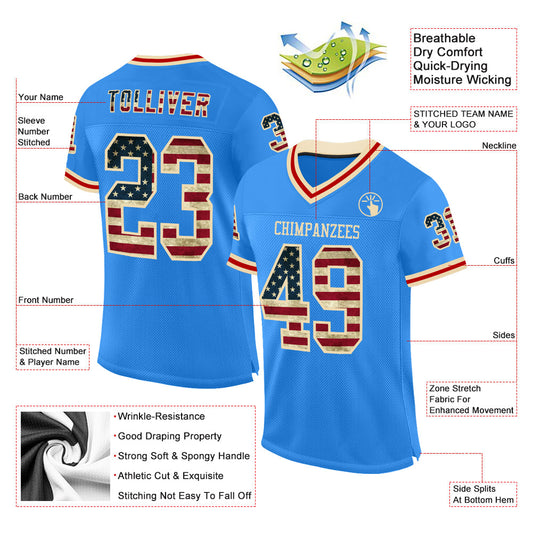 Custom Powder Blue Vintage USA Flag Cream-Red Mesh Authentic Throwback Football Jersey - Sky-Custom