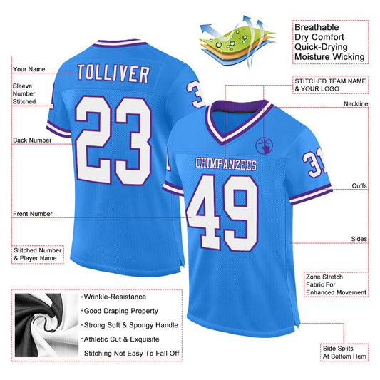 Custom Powder Blue White-Purple Mesh Authentic Throwback Football Jersey - Sky-Custom
