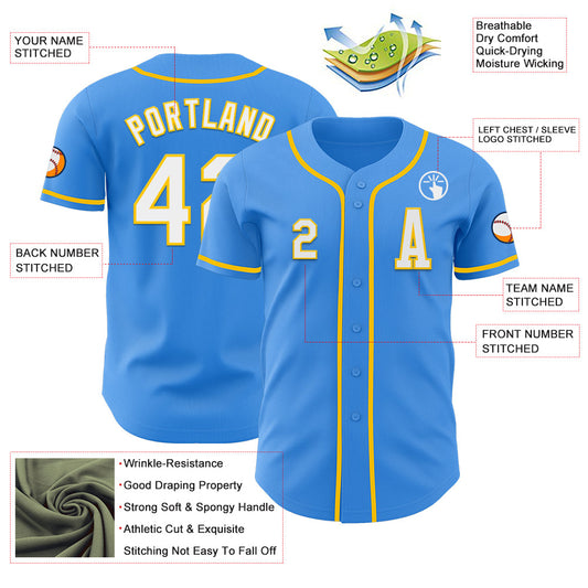 Custom Electric Blue White-Yellow Authentic Baseball Jersey - Sky-Custom