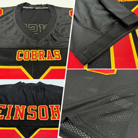 Custom Black Red-Gold Mesh Authentic Football Jersey - Sky-Custom