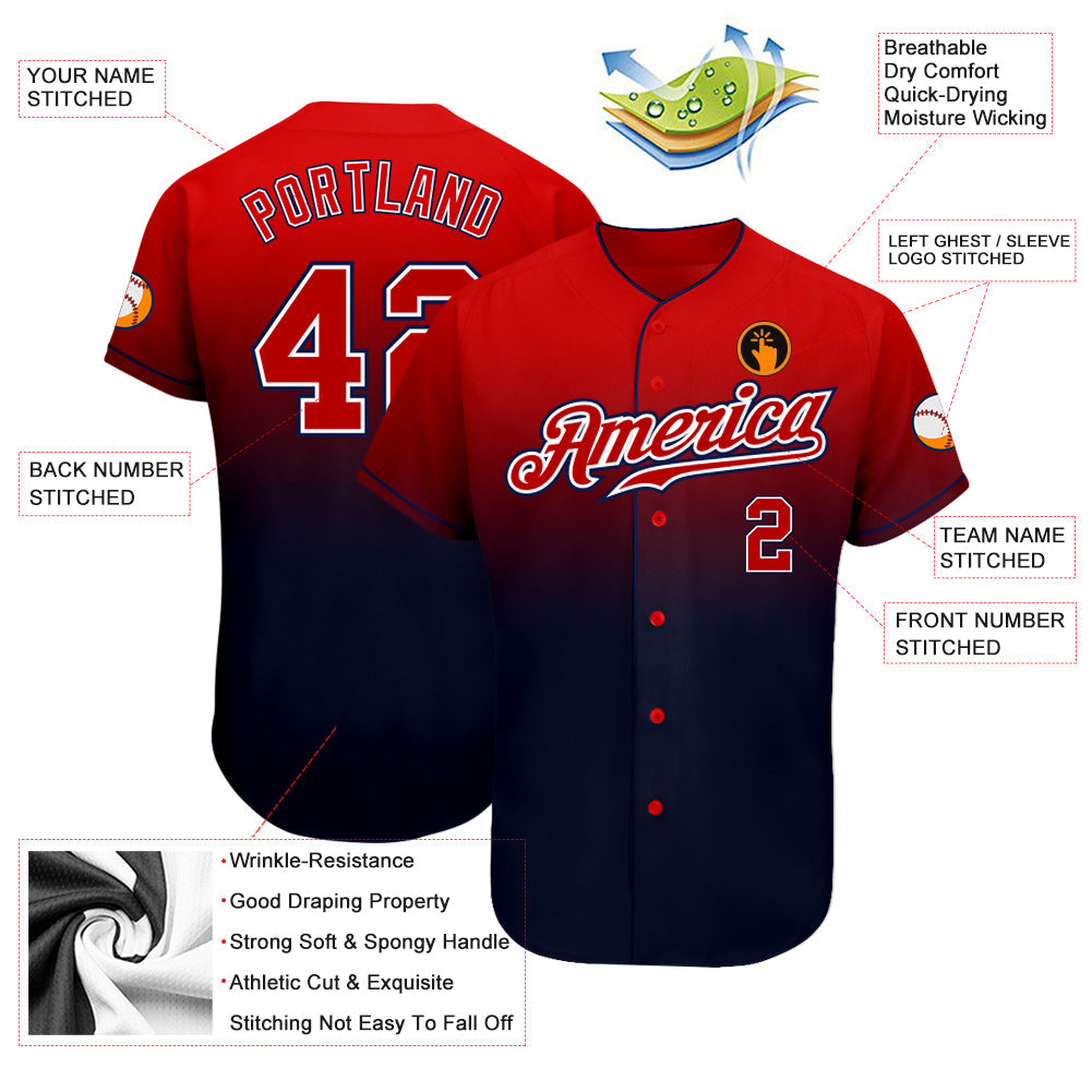 Custom Navy Red-White Authentic Fade Fashion Baseball Jersey - Sky-Custom