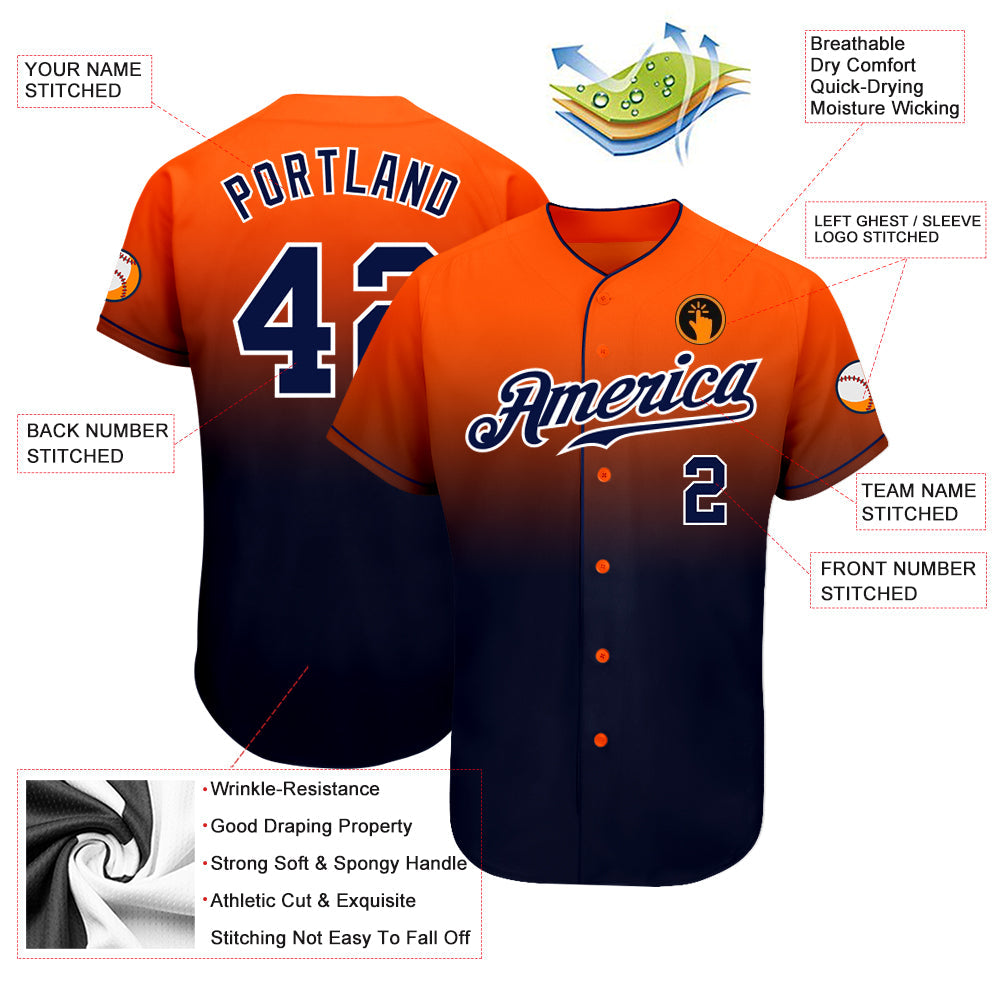 Custom Orange Navy-White Authentic Fade Fashion Baseball Jersey - Sky-Custom