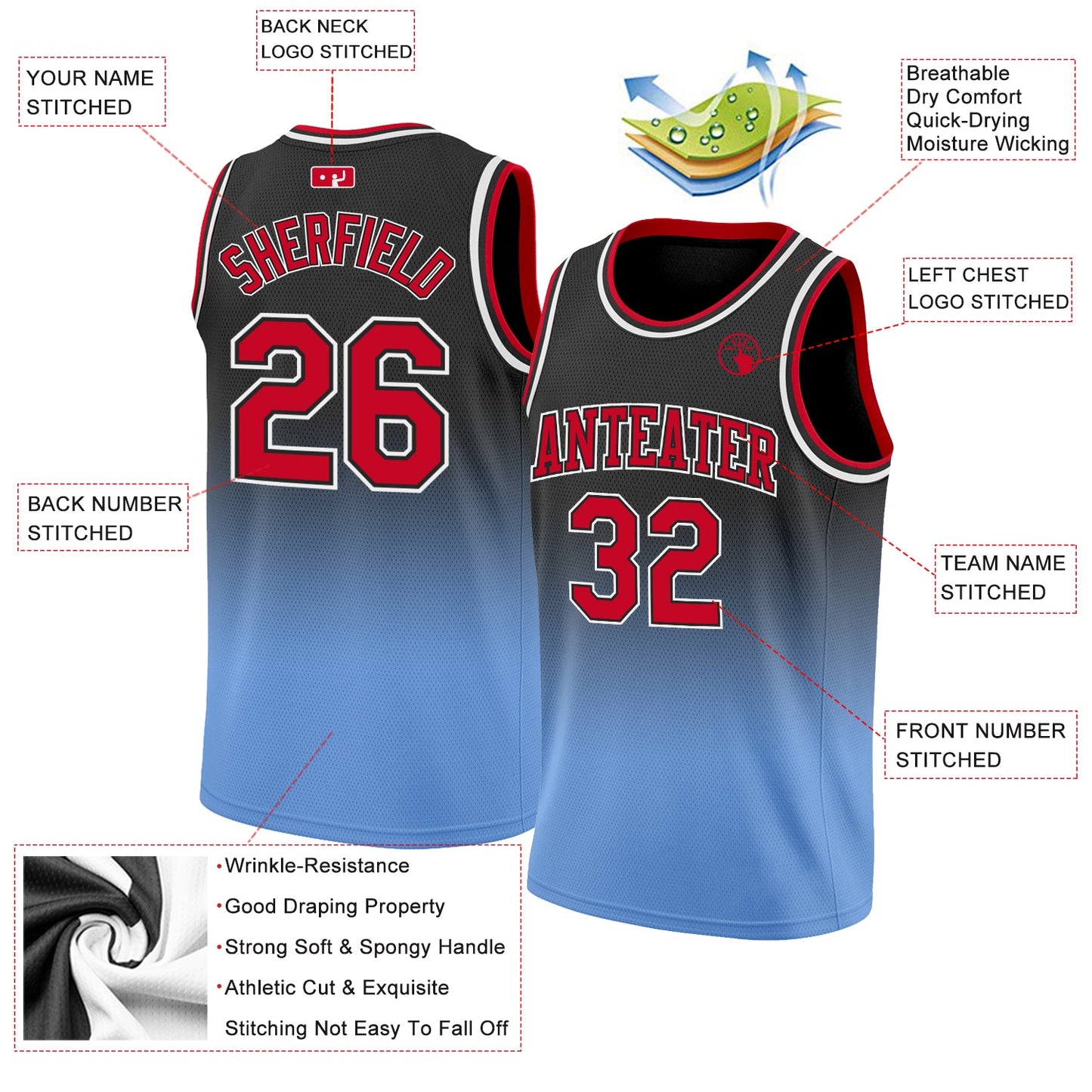 Custom Black Red-Light Blue Authentic Fade Fashion Basketball Jersey - Sky-Custom