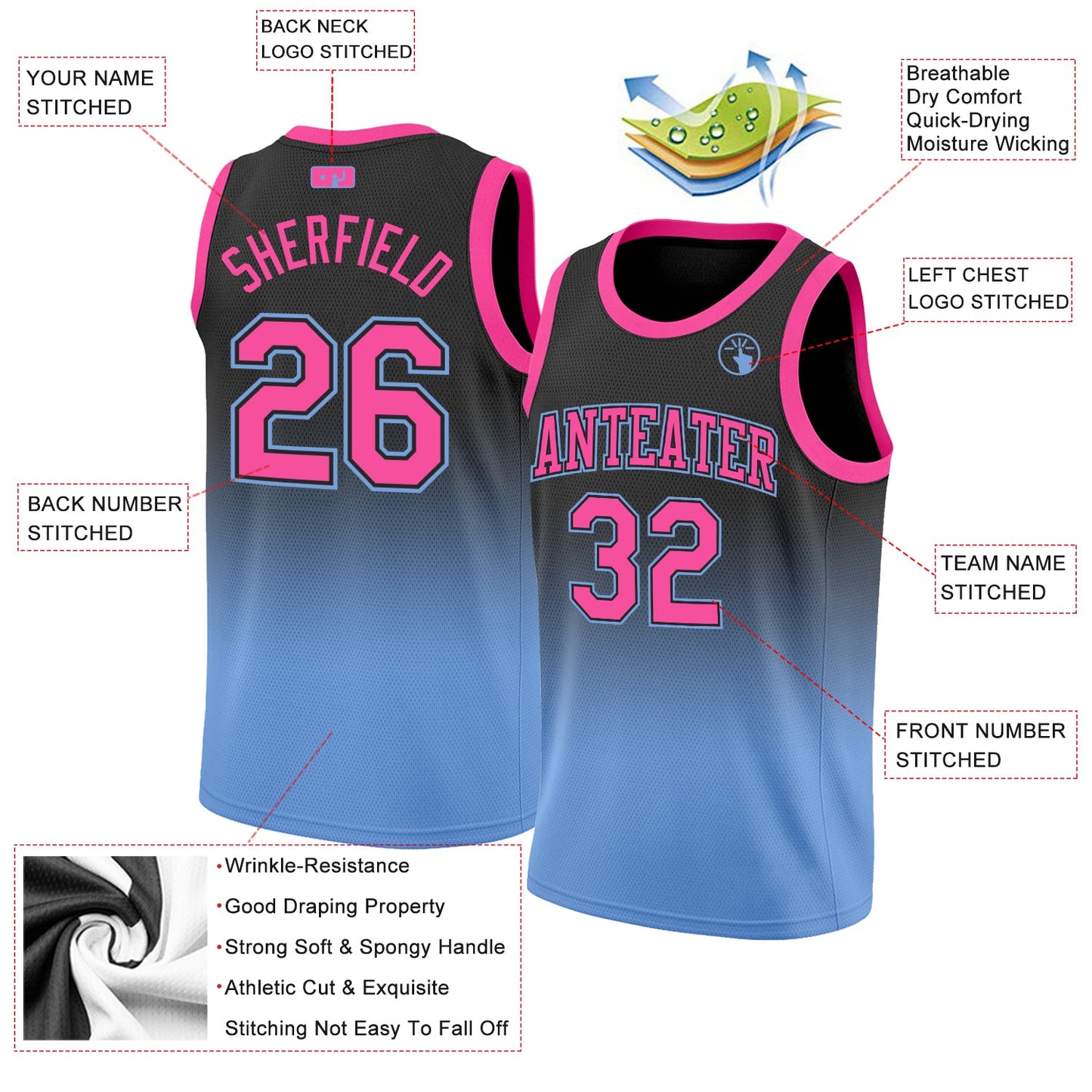 Custom Black Pink-Light Blue Authentic Fade Fashion Basketball Jersey - Sky-Custom