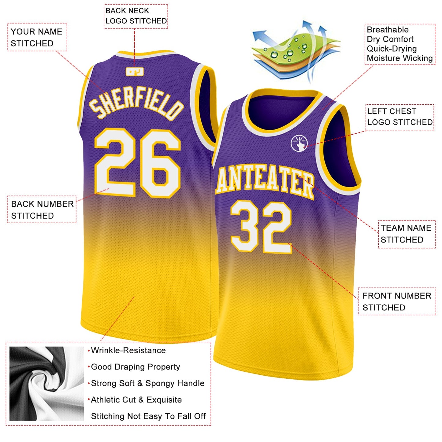 Custom Purple White-Gold Authentic Fade Fashion Basketball Jersey - Sky-Custom
