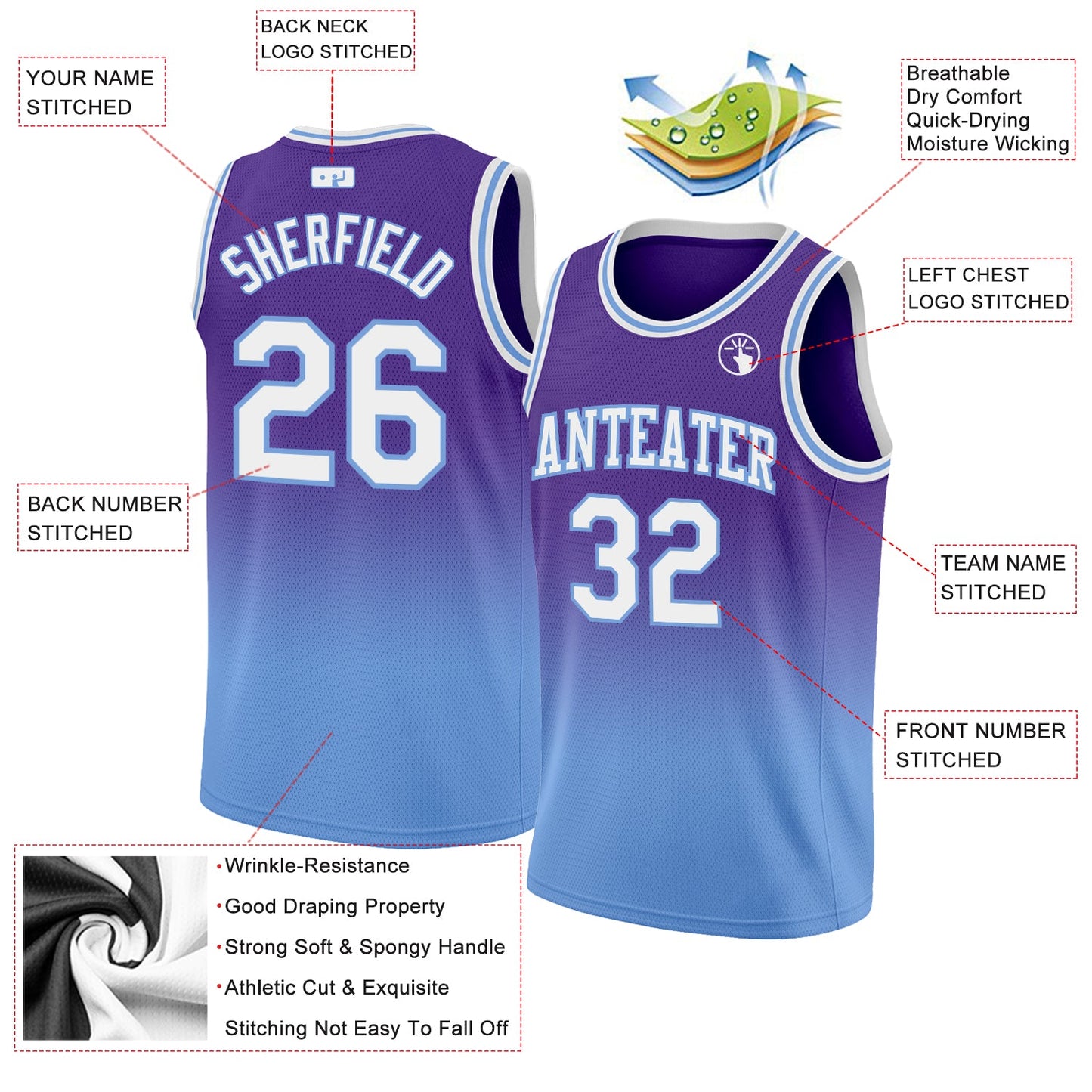 Custom Purple White-Light Blue Authentic Fade Fashion Basketball Jersey - Sky-Custom