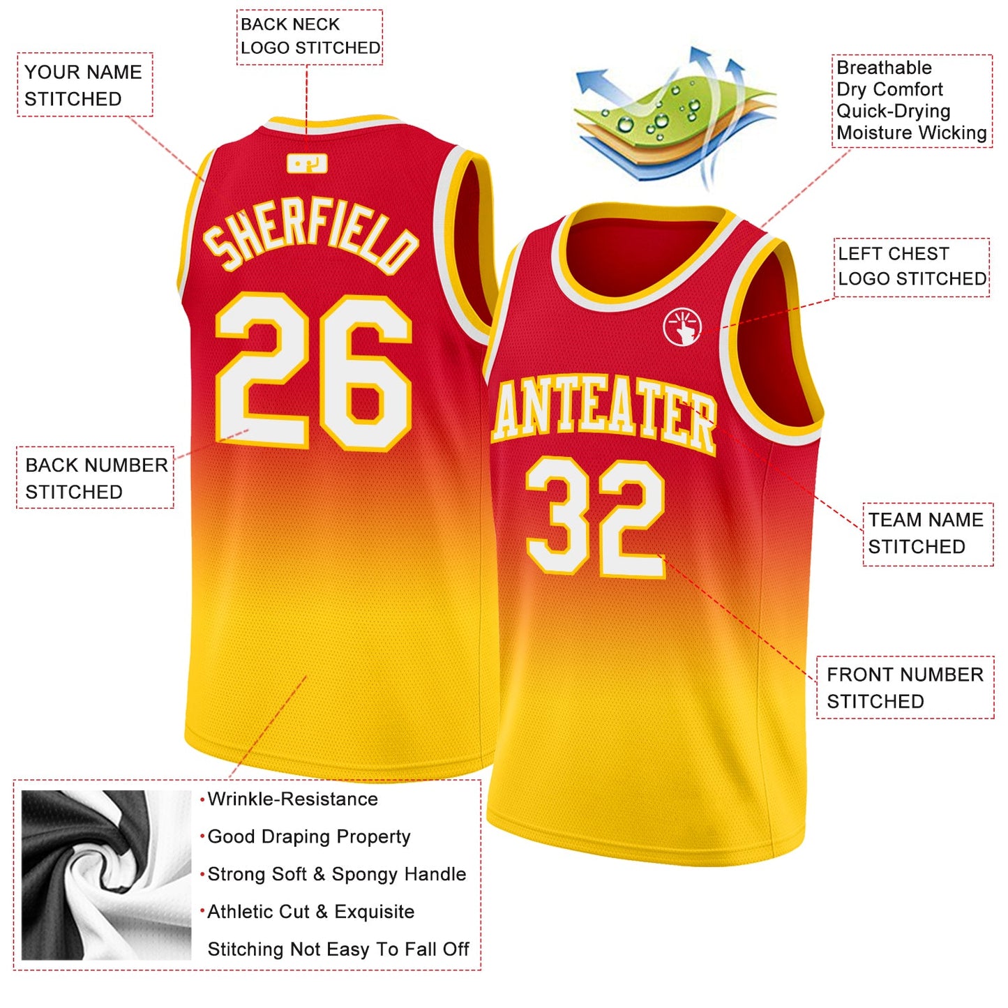 Custom Red White-Gold Authentic Fade Fashion Basketball Jersey - Sky-Custom