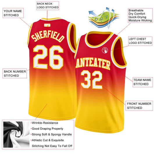 Custom Red White-Gold Authentic Fade Fashion Basketball Jersey - Sky-Custom