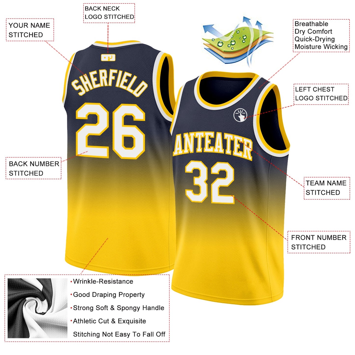 Custom Navy White-Gold Authentic Fade Fashion Basketball Jersey - Sky-Custom