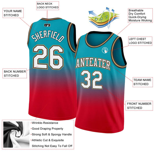 Custom Teal White-Red Authentic Fade Fashion Basketball Jersey - Sky-Custom