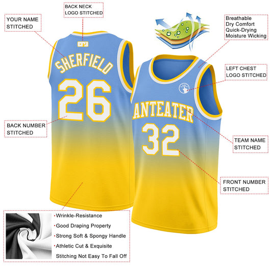 Custom Light Blue White-Gold Authentic Fade Fashion Basketball Jersey - Sky-Custom