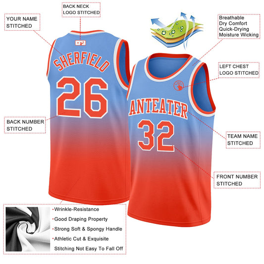 Custom Light Blue Orange-White Authentic Fade Fashion Basketball Jersey - Sky-Custom