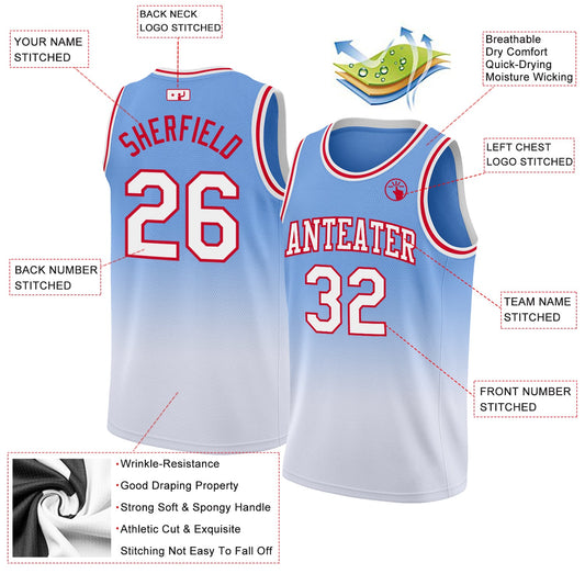Custom Light Blue White-Red Authentic Fade Fashion Basketball Jersey - Sky-Custom